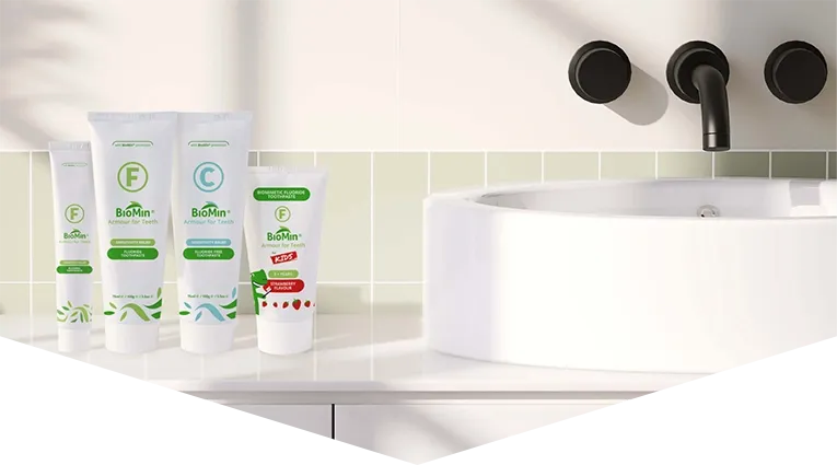 BioMin products lined up on a bathroom worktop.